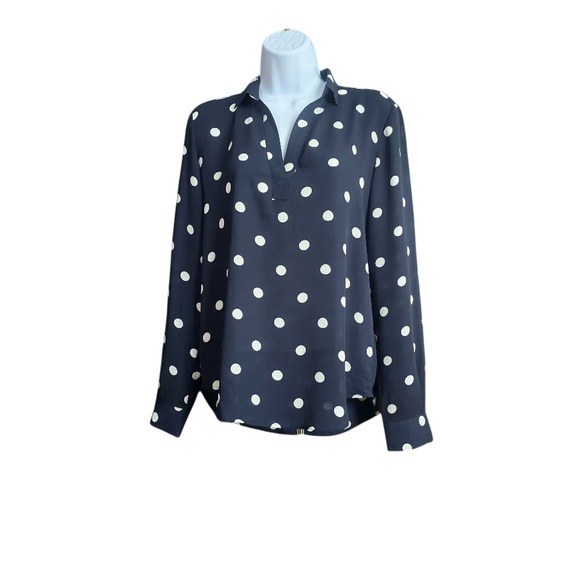 Loft‎ Womens Darkest Navy Polka Dot Blouse XS Career Collar Vneck Classy Coastal - Picture 1 of 11